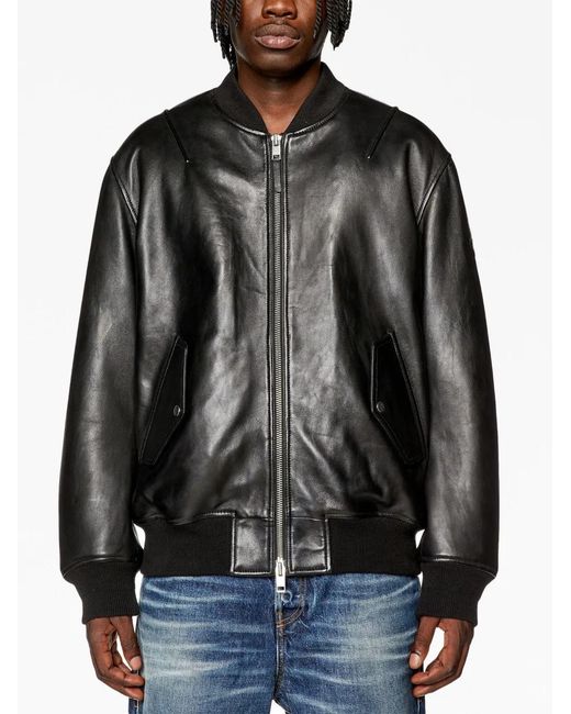 DIESEL Black L-Pritts Zip-Up Padded Leather Jacket for men