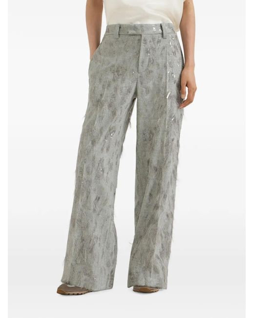 Brunello Cucinelli Gray Pantalon Évasé En Flanelle De En Laine Vierge Et Cachemire À Broderie Dazzling Lynx