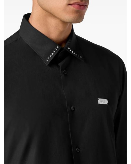 Philipp Plein Black Studded Poplin Long-Sleeve Shirt for men