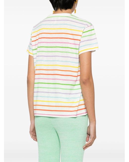 MIRA MIKATI White Floral-embroidered Striped T-shirt