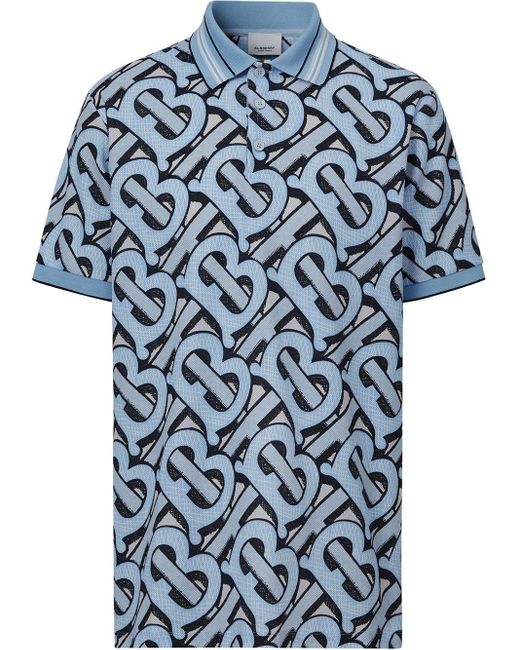 Burberry Blue Monogram-print Short-sleeve Polo Shirt for men