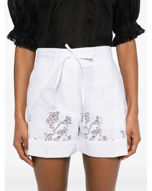P.A.R.O.S.H. White High-Waisted Cotton Shorts With Floral Lace Detailing