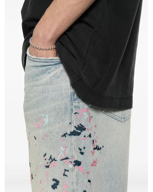 Purple Brand Blue Paint Splatter Frayed Shorts for men