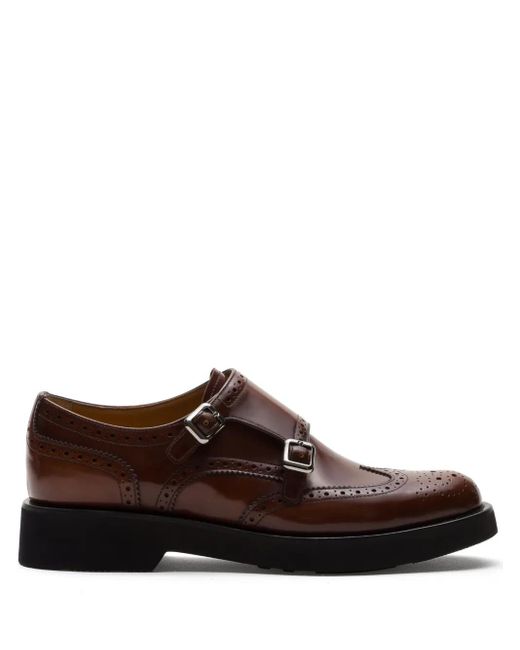 Church's Brown Smoked Polished Leather Full Brogue Loafers With Double Strap Closure