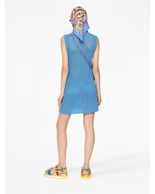 Dolce & Gabbana Blue Short Sleeveless Crochet Dress