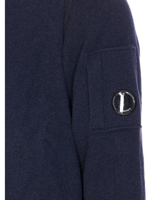 C P Company Blue Zip-Neck Logo-Patch Sweater for men