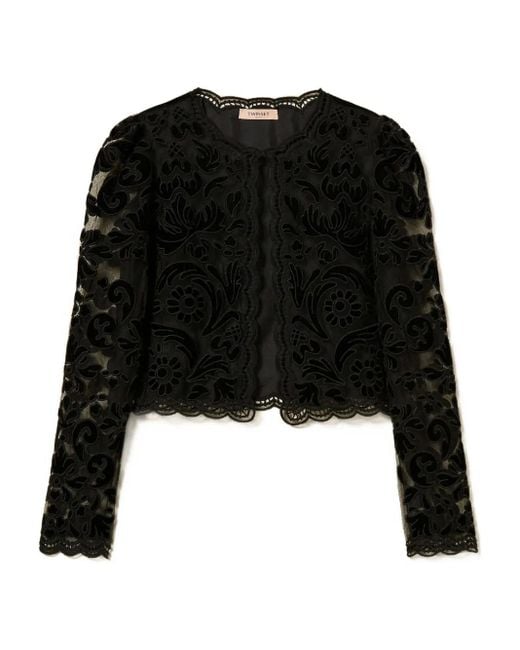 Twinset Black Lace-Floral Single-Button Cardigan