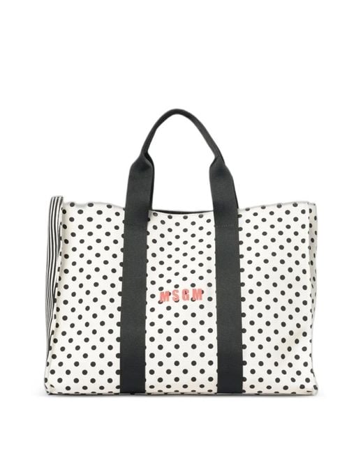 MSGM White Polka-Dot Striped Tote Bag