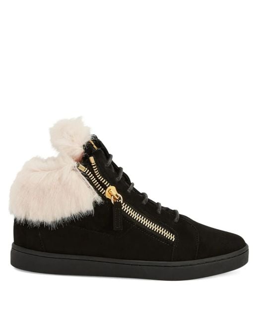 Giuseppe Zanotti Black Kriss Fur-Trimmed Zip-Detail Sneakers