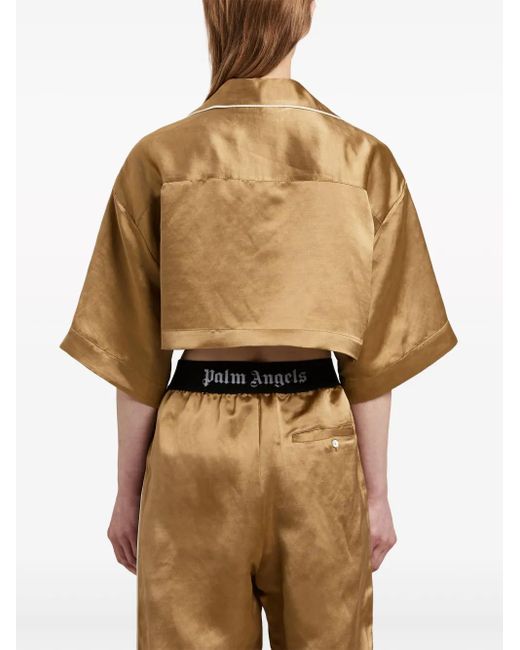 Palm Angels Natural Monogram-Embroidered Satin Cropped Shirt