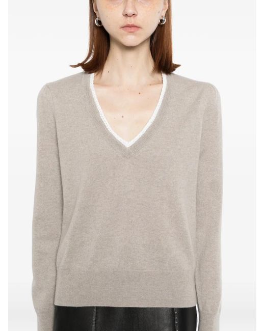 N.Peal Cashmere White Lace-Trim V-Neck Sweater