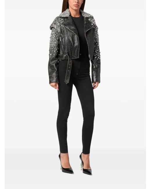 Philipp Plein Black Leather Cropped Jacket