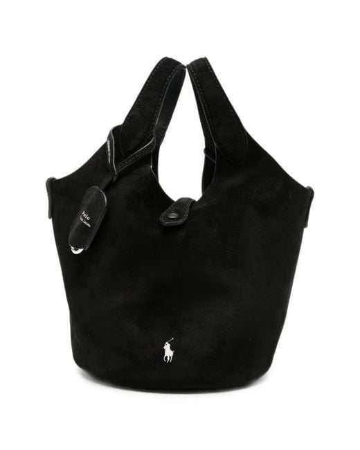 Polo Ralph Lauren Black Suede Logo-Embroidered Tote Bag