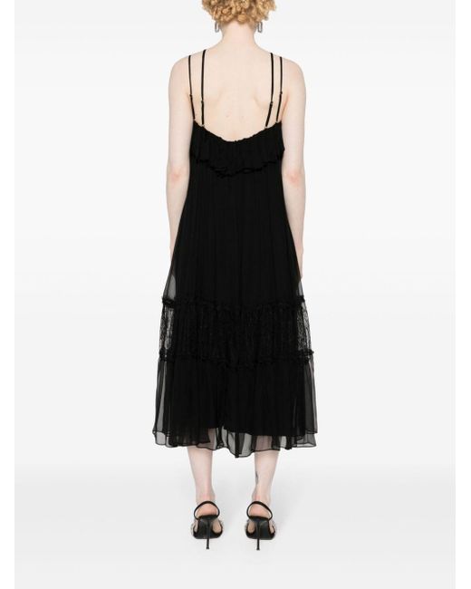 Nissa Black Lace-panelling Silk Dress