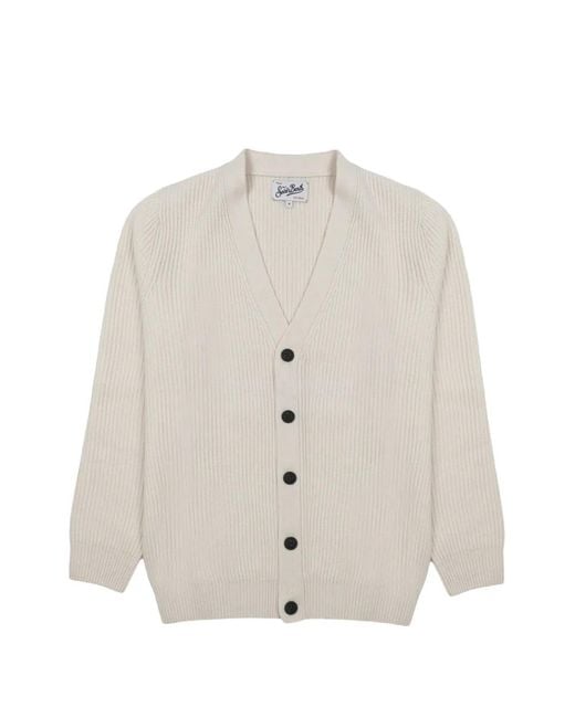 Mc2 Saint Barth White Ribbed-Knit V-Neck Cardigan for men