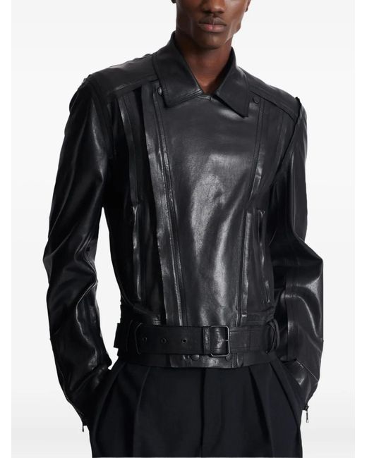 Balmain Black Belted Leather Biker Jacket for men