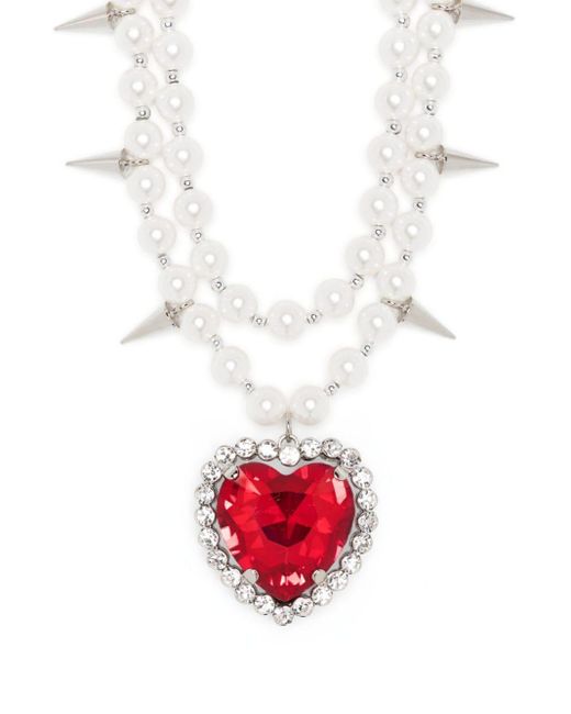 Alessandra Rich White Heart-pendant Studded Faux-pearl Necklace