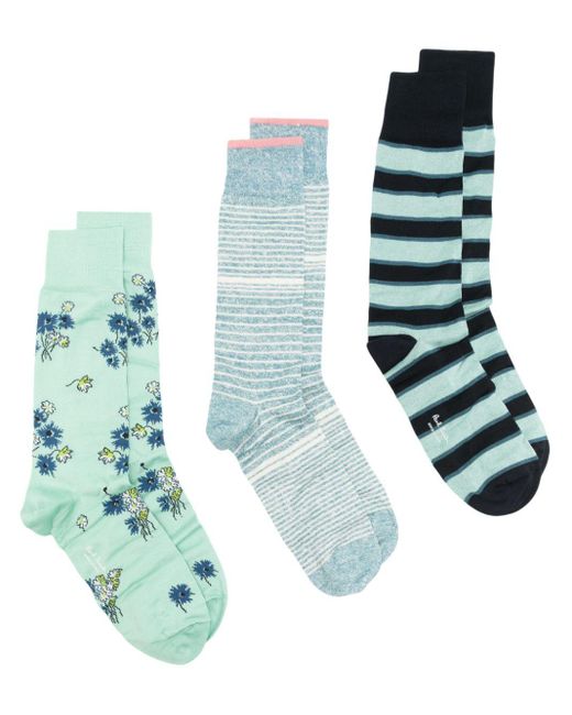 Paul Smith Blue Mix-pattern Ankle Socks (pack Of Three) for men