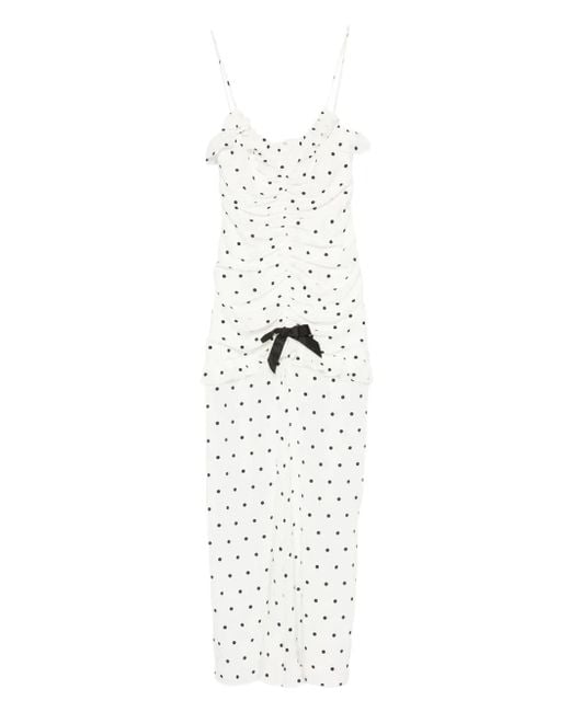 Alessandra Rich White Polka Dot-Print Ruched Dress