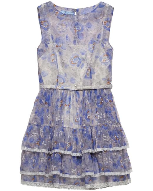 Prada Blue Chiffon-Minikleid Mit Blumen-Print