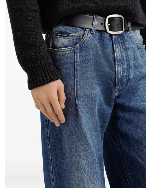 Dolce & Gabbana Blue Logo-Plaque Frayed Wide-Leg Jeans for men