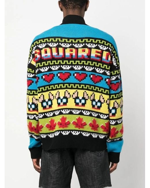 DSquared² Blue Jacquard Crew Neck Jumper for men