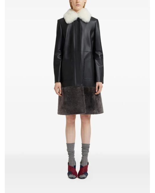 Marni Black Manteau En Cuir À Doublure Lainée