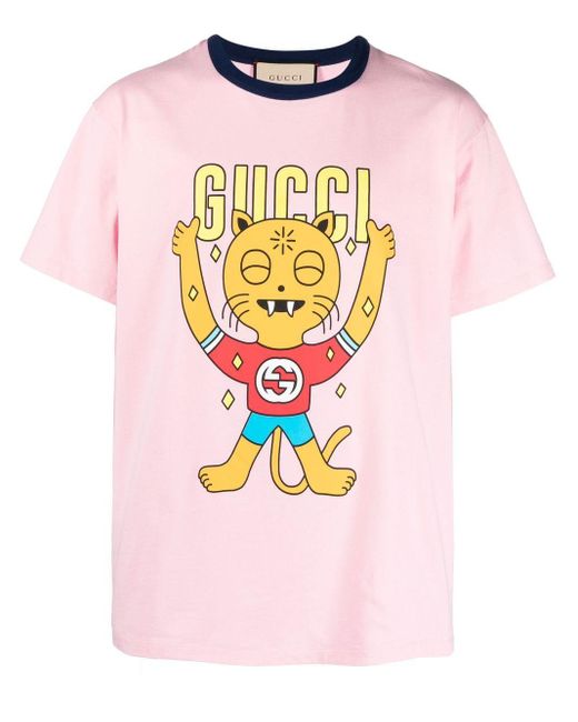 Gucci Pink Cartoon-print Cotton T-shirt for men