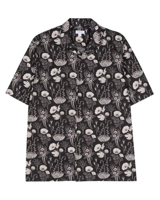 Sunspel Black Floral-print Cotton Shirt for men