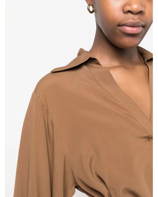 Blanca Vita Brown V-Neck Draped Blouse