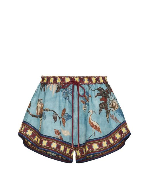 ALÉMAIS Blue Drawstring-Fastening Bird-Print Shorts