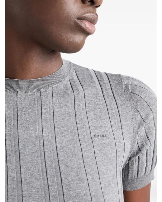 Prada Gray Short-Sleeved Ribbed-Knit Cotton Sweater