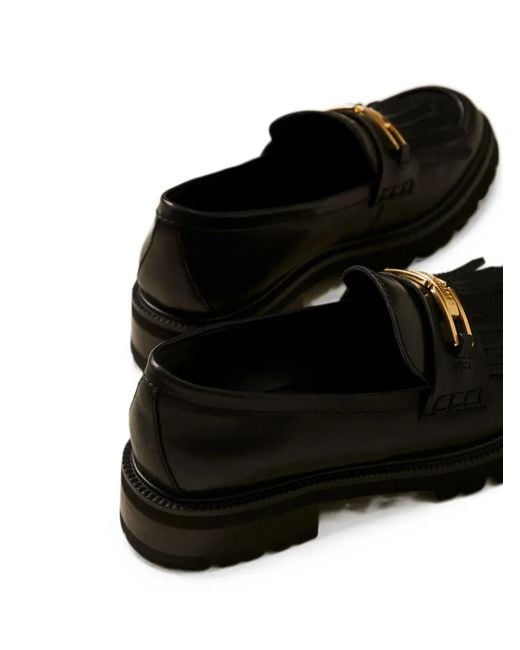 Twinset Black Leather Loafers With Fringes