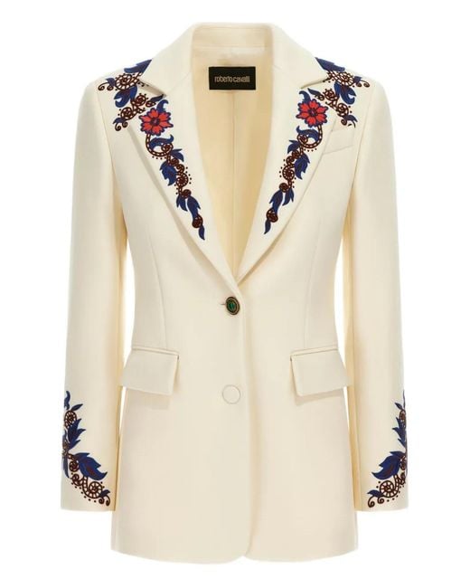 Roberto Cavalli Natural Floral-Embroidered Blazer