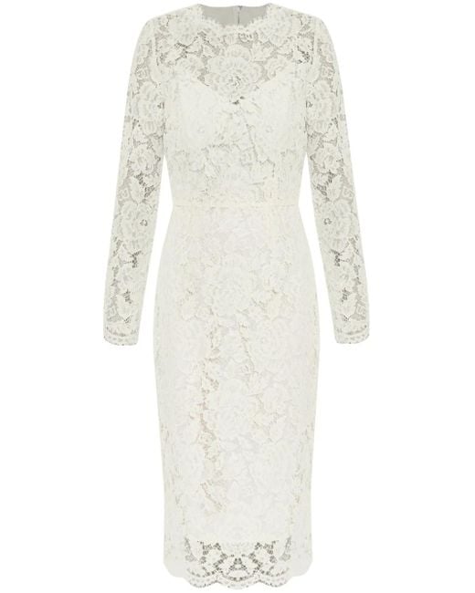 Dolce & Gabbana White Langärmeliges Stretch-Spitzenkleid Mit Logo