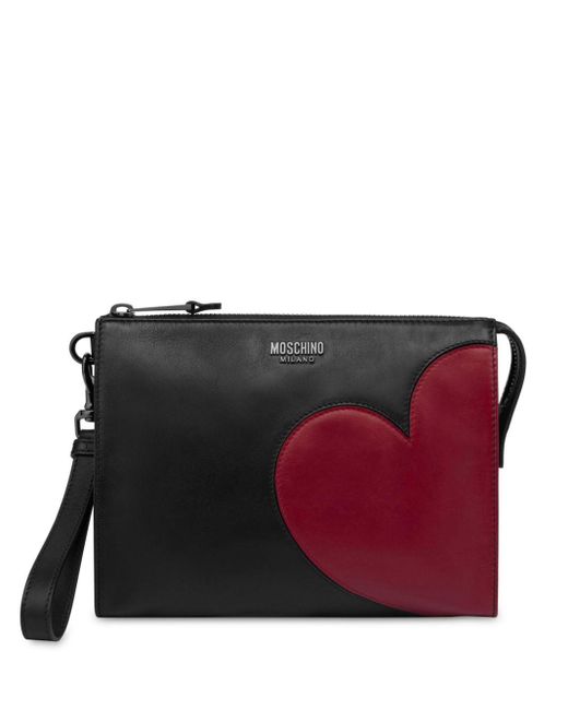 Moschino Black Heart-appliquéd Leather Clutch Bag for men