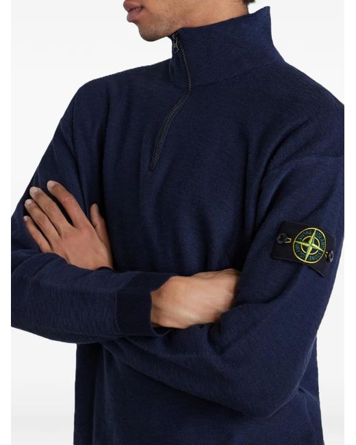 Stone Island Blue Logo-Appliquéd Zip-Up Sweater for men