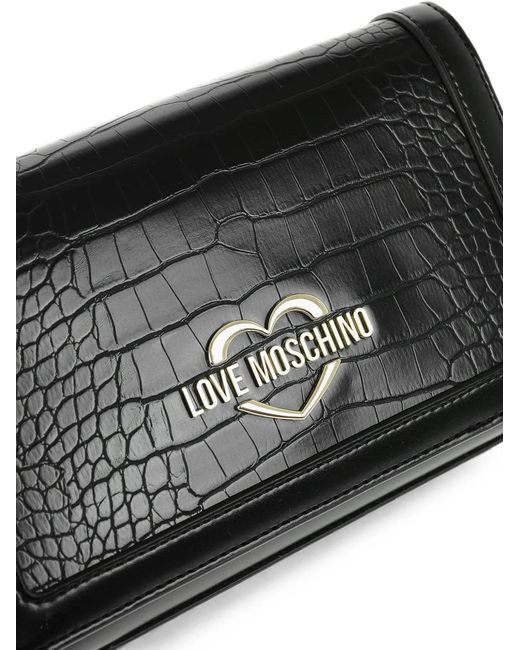 Love Moschino Black Crocodile-Effect Heart-Plaque Shoulder Bag