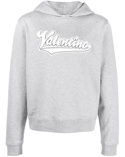 Valentino Garavani Gray Embroidered Logo Patch Hoodie for men