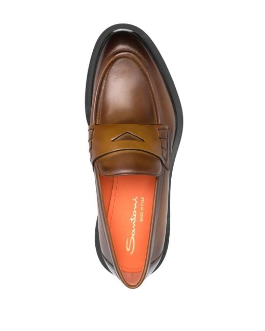 Santoni Brown Leather Penny Loafers