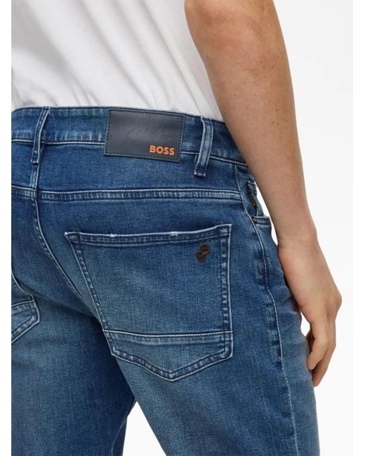 Boss Blue Logo-Patch Cotton Blend Straight-Leg Jeans for men