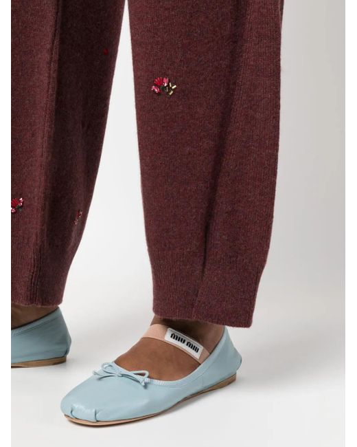 Barrie Red Floral-Embroidery Cashmere Trousers