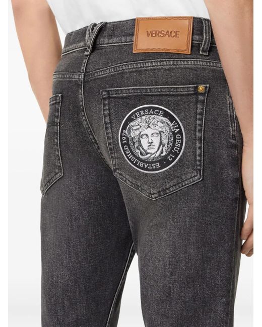 Versace Gray La Medusa Embroidery-Detail Jeans for men