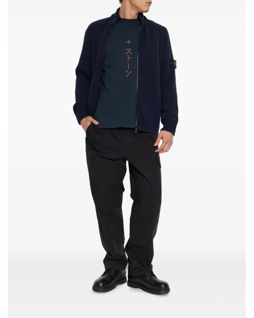 Stone Island Blue Zip-Front Patch-Pocket Wool Sweater for men