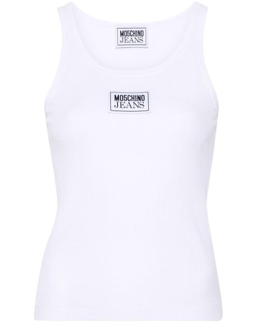 Moschino Jeans White Geripptes Trägershirt mit Logo-Patch