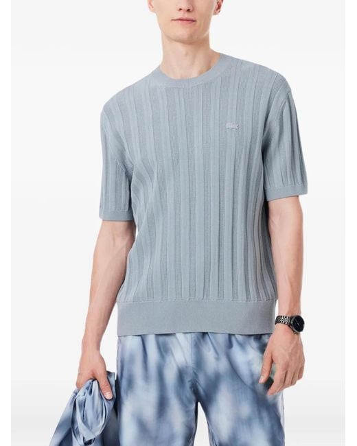 Lacoste Blue Ribbed-Knit Embroidered-Logo T-Shirt for men