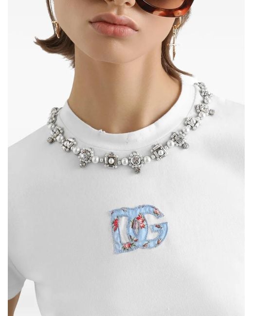 Dolce & Gabbana White Floral-Detail Crew Neck T-Shirt
