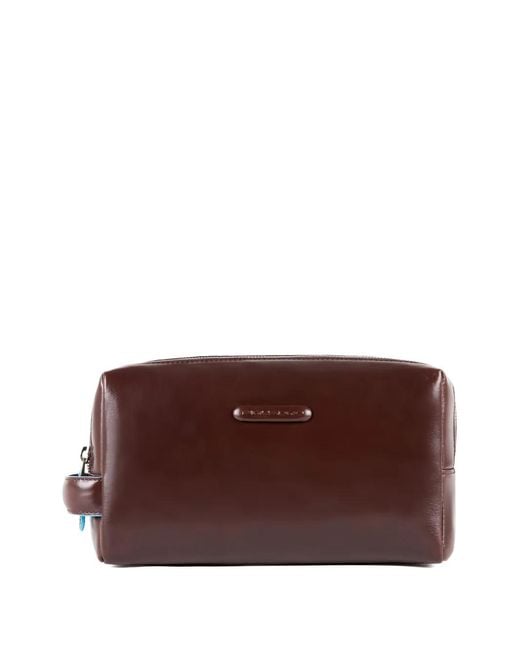 Piquadro Brown Logo-Plaque Leather Toiletry Bag