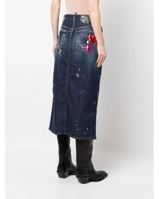 DSquared² Blue Distressed Patch-Detail Denim Skirt