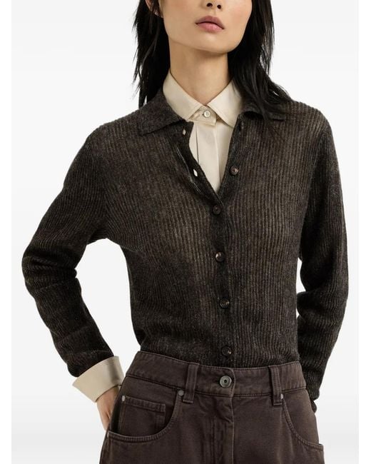 Brunello Cucinelli Black Sparkling Silk, Alpaca And Wool Rib-Knit Cardigan
